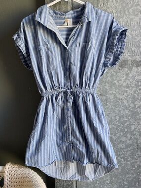 Women’s Blue Striped Button-Front Dress with Tie Waist